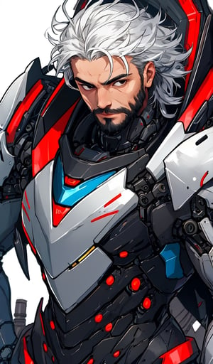 Portrait photo of muscular bearded guy in a mechanical suit, light bokeh, intricate details, metallic suit, elegant, sharp focus, vibrant colors, detailed face, black and white hair, futuristic suit, black eyes, robotic body, broken armor, black and red armor