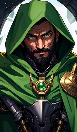 Portrait photo of bearded man in a metallic mechanical armor, green cape, green hoodie, dark lighting, shadows, looking_at_viewer, dr. doom