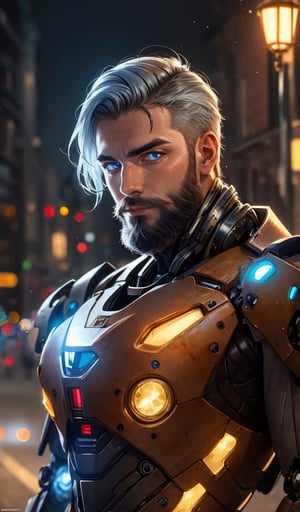 Portrait photo of muscular bearded guy in a worn mech suit, ((light bokeh)), intricate, (steel metal [rust]), elegant, sharp focus, photo by greg rutkowski, soft lighting, vibrant colors, (masterpiece), ((streets)), (detailed face:1.2), (glowing blue eyes:1.1), black and white hair