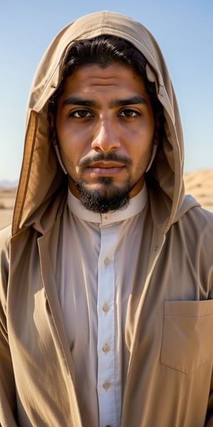 arab man, bearded, in a desert. robe, headgear, hood, robe, desert, looking_at_viewer, pov_eye_contact, close up