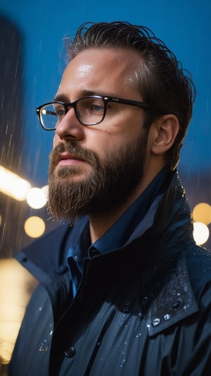 Professional portrait of a man, bearded, looking up, raining, wet, wet hair, night time, city, sadness, glasses, eyes closed