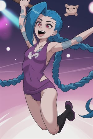 JinxLol jumping in the air at a party while swinging a bat