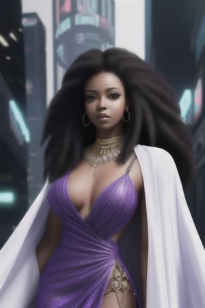  african black woman, afro long hair, purple realistic dress, garments cyberpunk and Luxurious Costume diamonds. background white, white fund