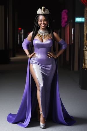 a queen african black woman plus size, full body, afro long dreads hair purple realistic texture hair, cyberpunk dress wendding, opulence Luxurious Costume diamonds, Diamond and Silver Accessory, smiling face