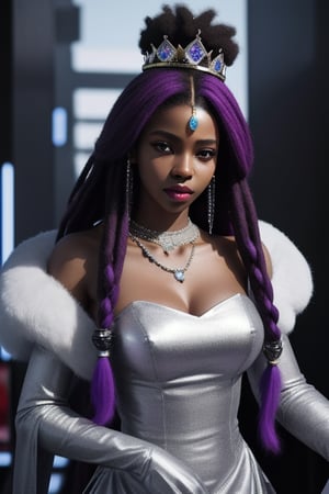 a queen african black woman, afro long dreads hair purple realistic, cyberpunk garments Luxurious Costume diamonds, Diamond and Silver Accessory Covering