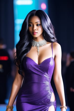  african black woman, afro long hair, purple realistic dress, garments cyberpunk and Luxurious Costume diamonds. background white, white fund