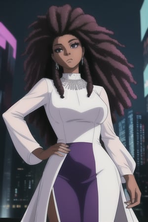  african black woman, afro long hair, purple realistic dress, garments cyberpunk and Luxurious Costume diamonds. background white, white fund