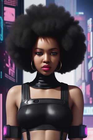 a queen african black woman, afro hair, cyberpunk garments 