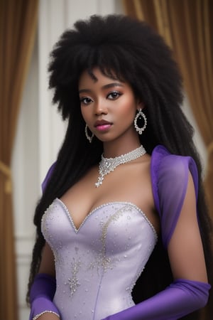  african black woman, afro long hair, purple realistic dress hauter couture, garments Luxurious Costume diamonds. background white