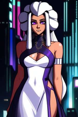  african black woman, afro long hair, purple realistic dress, garments cyberpunk and Luxurious Costume diamonds. background white, white fund