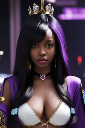 a queen african black woman, afro long hair purple realistic, cyberpunk garments Luxurious Costume diamonds. background white