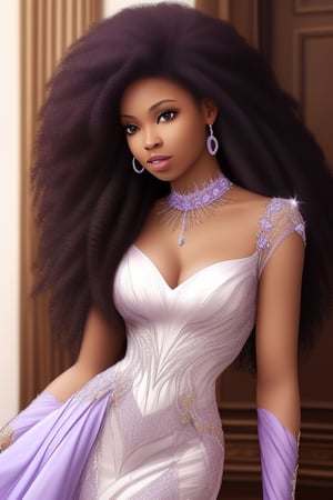  african black woman, afro long hair, purple realistic dress hauter couture, garments Luxurious Costume diamonds. background white