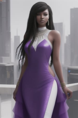  african black woman, afro long hair, purple realistic dress, garments cyberpunk and Luxurious Costume diamonds. background white, white fund