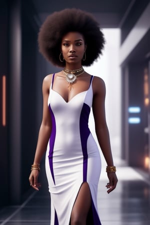  african black woman, afro long hair, purple realistic dress, garments cyberpunk and Luxurious Costume diamonds. background white, white fund