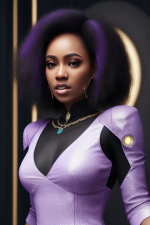  african black woman, afro long hair, purple realistic dress, garments cyberpunk and Luxurious Costume diamonds. background white, white fund