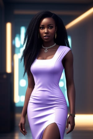  african black woman, afro long hair, purple realistic dress, garments cyberpunk and Luxurious Costume diamonds. background white, white fund