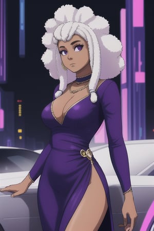  african black woman, afro long hair, purple realistic dress, garments cyberpunk and Luxurious Costume diamonds. background white, white fund