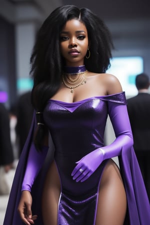 a queen african black woman, afro long hair purple realistic, cyberpunk garments Luxurious Costume diamonds. background white