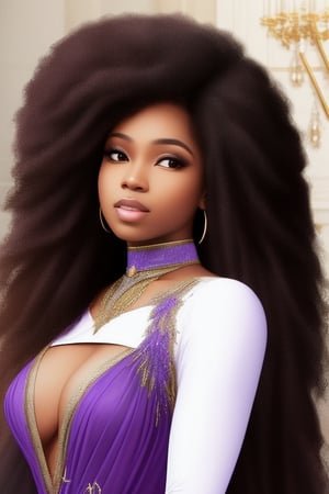  african black woman, afro long hair, purple realistic dress hauter couture, garments Luxurious Costume diamonds. background white