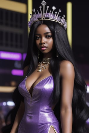 a queen african black woman, afro long hair purple realistic, cyberpunk garments Luxurious Costume diamonds. background white