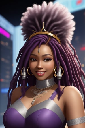 a queen african black woman plus size, afro long dreads hair purple realistic texture hair, cyberpunk garments opulence Luxurious Costume diamonds, Diamond and Silver Accessory, smiling face