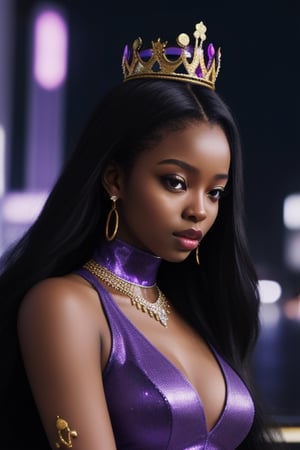 a queen african black woman, afro long hair purple realistic, cyberpunk garments Luxurious Costume diamonds. background white