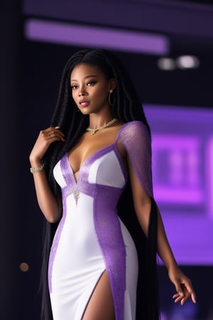  african black woman, afro long hair, purple realistic dress, garments cyberpunk and Luxurious Costume diamonds. background white, white fund