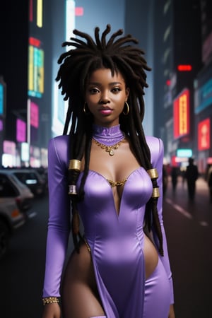 a queen african black woman, afro long dreads hair purple realistic, cyberpunk garments Luxurious Costume diamonds.