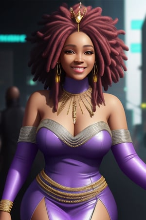 a queen african black woman plus size, afro long dreads hair purple realistic texture hair, cyberpunk garments opulence Luxurious Costume diamonds, Diamond and Silver Accessory, smiling face