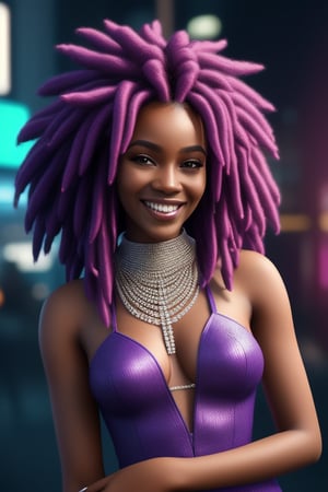 a queen african black woman, afro long dreads hair purple realistic, cyberpunk garments Luxurious Costume diamonds, Diamond and Silver Accessory Covering, sunlight, light_purple_hair, smiling face