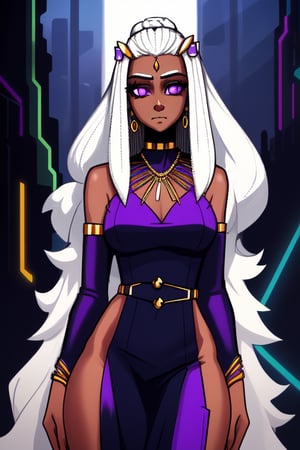  african black woman, afro long hair, purple realistic dress, garments cyberpunk and Luxurious Costume diamonds. background white, white fund