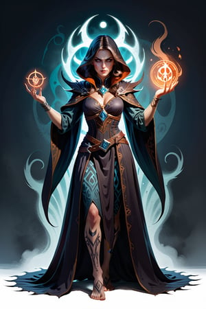 A barefoot and ancient female warlock with a deadly beautiful appearance, standing on a white background, with a dark and devilish logo design on her center, casting a sinister spell