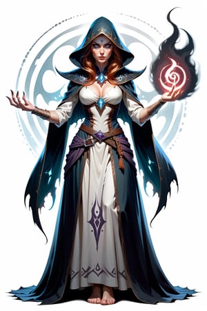 A barefoot and ancient female warlock with a deadly beautiful appearance, standing on a white background, with a dark and devilish logo design on her center, casting a sinister spell