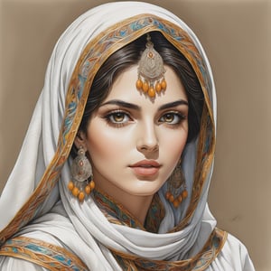 beautiful Persian female, ancient, scarf, highly detailed colored pencil sketch, portrait