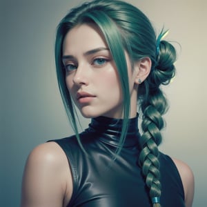 Protrait, photograph, androgynous hunnuman, brawd jaw, delicate features, beautiful face, dreadlocked hair, long bangs, long ponytail, bright blue-green eyes, hindu art, Indian