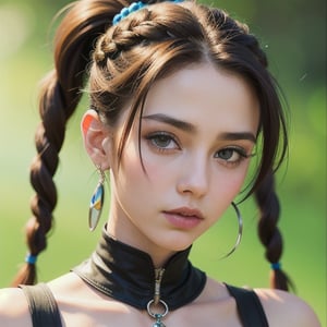 Protrait, photograph, androgynous hunnuman, oval jaw, delicate features, beautiful face, dreadlocked hair, long bangs, long ponytail, bright blue-green eyes, hindu art, Western girl, black jacks, show shoulders, looking at viewer, facing straight the camera