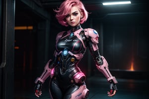 1girl, a full body of a cyborg lady,  girl,  mechanical parts,  pink shirt, unbuttoned, black latex. A gun in hand, natural hands, perfect hands, blue eyes, red_short_hair, head_tattoo, futuristic_background