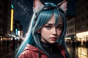 (masterpiece:1.1), (highest quality:1.1), (HDR:1.0), 1girl, solo, cat girl, (detailed face+eyes), bra, building, city, jacket, baggy pants, goggles on head, medium hair, hair intakes, long hair, (forehead), parted hair, floating hair, long_sleeves, looking at the viewer, fluffy hair, night, night_sky, outdoors, road, shirt, bluehair, hair down, sky, skyscraper, smirk, star_\(sky\), starry_sky, a cute girl standing on a street, cyberpunk, reflective, metal, (black), 8K, hyper-focus, full color, cinematic, animal ear fluff, cat ears, shine, neon lights, under_glow, emissive, (serious), (by josan gonzalez), (by Alan Shuptrine:1.3), racing, to scale, close up, (face focus:1.2), detailed face, (cinematic movie:1.2)

