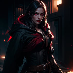 1girl, black_hood, pauldron, viking_time_cloack_hood, corset, chromatic aberration, particles, dark atmosphere, realistic, blurry background, volumetric lighting, standing, portrait, looking at camera, red_eyes, red_lips