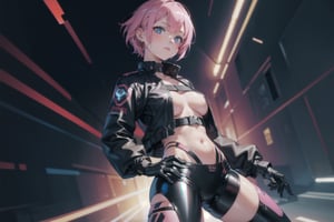 1girl, a full body of a cyborg lady,  girl,  mechanical parts,  pink shirt, unbuttoned, black latex. A gun in hand, natural hands, perfect hands, blue eyes, red_short_hair, head_tattoo, futuristic_background,girl