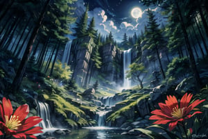 Masterpiece, best quality, A magical forest with glowing trees and wildflowers, a waterfall of moonlight, and fluttering fairies. Generate a stunningly beautiful image with incredible detail and visual effect.