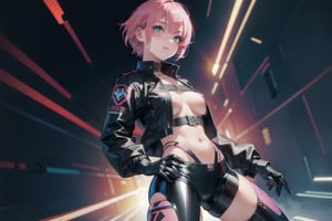 1girl, a full body of a cyborg lady,  girl,  mechanical parts,  pink shirt, unbuttoned, black latex. A gun in hand, natural hands, perfect hands, blue eyes, red_short_hair, head_tattoo, futuristic_background,girl