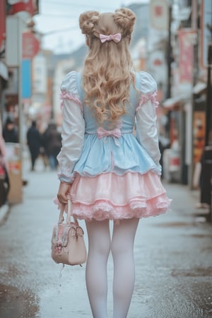  photo of an adorable wet soaked Japanese woman, dressed in a wet pastel blue and pink frilly dress with pigtailed hair, holding her small handbag as she standing on the streets, Her long, curly blonde hair is styled into two buns with bows, creating a charming appearance. She wears white tights under tall socks, matching shoes, and carries a cute bag that adds to her delightful look, wet clothes dripping