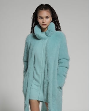 beautifull wet afro 26 y. o WOMAN, model, hair in fluffy fur coat, turtleneck shirt, rain, leggings, (completly soaked wet clothes, wet hair), design trend, design by kanye west, on a white background, octane, 4K, intricate and detailed texture,liona-xl