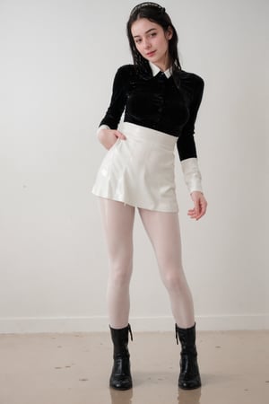 Full body shot, Wet young girl in the rain,  completly soaked wet, dripping wet hair and clothes, black frenchmaid velvet uniform, white wool tights, boots, wetlook, wet, white background, clothes,lemon0021, SoakingWetClothes,Hourglass thin waist, 