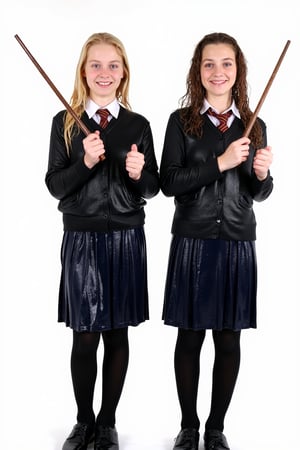 Two young wet soaked girls standing side by side against a white backdrop. Both are dressed in school uniforms, consisting of a dark-colored cardigan, a white shirt, and a navy-blue skirt and black wool tights. Completly soaked wet, wetness visible, They are also holding wands, reminiscent of those used in the Harry Potter series. The woman on the left has blonde hair, while the one on the right has wavy brown hair.