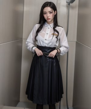 ((Emirates stewardess in the shower)), 
showerwater, skirt, blouse, blazer, pantyhose completly soaked wet, in the rain,  beautiful, photography, hands bind with rope behind her back, bondage rope, wet hair, best photo,SoakingWetClothes,intheshower,Stewardess,YurigaokaUniform,long skirt,sitting