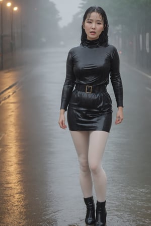 Wet Korean mature lady in the pouring rain, standing on the street, arms behind her back, completly soaked wet, highwaisted caroskirt, white tights, black velvet turtleneckshirt with belt, overknees boots, ,xxmixgirl