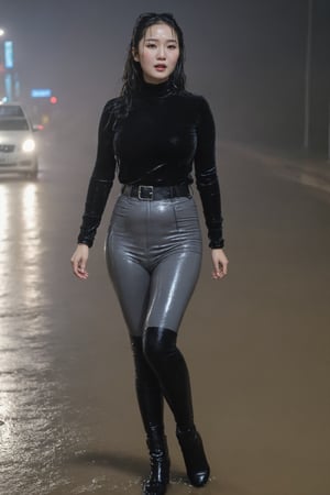 Wet Korean mature lady in the pouring rain, standing on the street, arms behind her back, completly soaked wet, highwaisted-gray velvet leggings, black velvet turtleneckshirt with belt, overknees boots, ,xxmixgirl