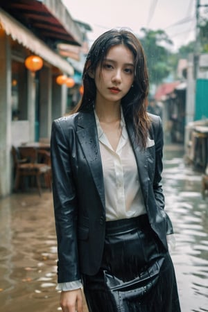 xxmixgirl, 1 female, detailed face, cafe in Sai Gon - Vietnam, detailed background, completly soaked wet, wet hair, cinematic shadow, dramatic lighting by Bill Sienkiewicz, ( SimplepositiveXLv1:0.7), xxmix_girl, aesthetic portrait, blazer, skirt, blouse, long, tights, shoes,soakingwetclothes